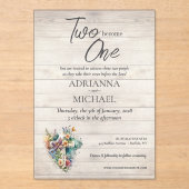 木の十字架と花のモチーフのクリスチャン ウェディングペーパー "Two Become One" アクリル招待状 (正面)
