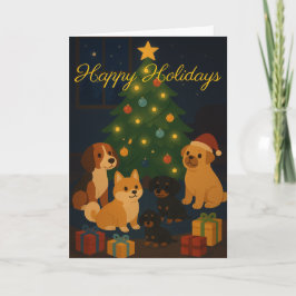 木の周りのかわいい子犬 カスタム クリスマスカード カード