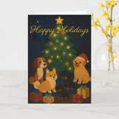 木の周りのかわいい子犬 カスタム クリスマスカード カード (黄色い花)