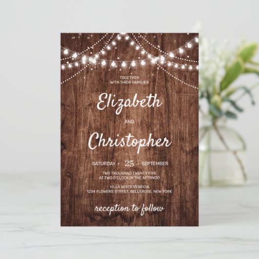 木の国素朴のbohoの弦結婚の光 招待状 (スタンド正面)