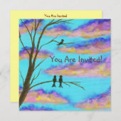 木の大枝のカラフルの雲の空の芸術の黒い鳥 招待状 (正面/裏面)