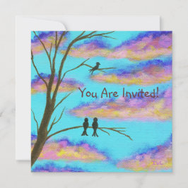 木の大枝のカラフルの雲の空の芸術の黒い鳥 招待状