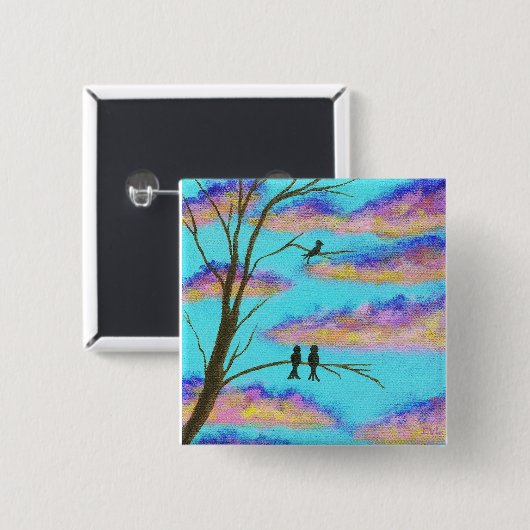 木の大枝のカラフルの雲の空の芸術の黒い鳥 缶バッジ (正面&裏面)