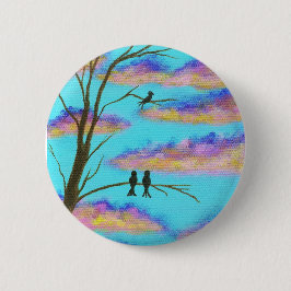 木の大枝のカラフルの雲の空の芸術の黒い鳥 缶バッジ