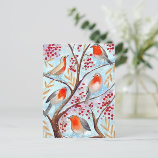木の実を結んだ赤と青のかわいい鳥 シーズンポストカード (スタンド正面)