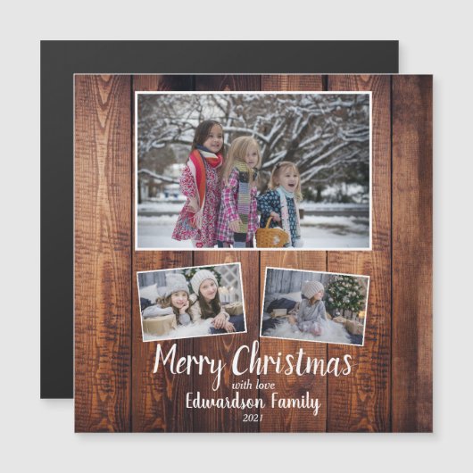 木の家族素朴写真コラージュメリークリスマス (正面/裏面)