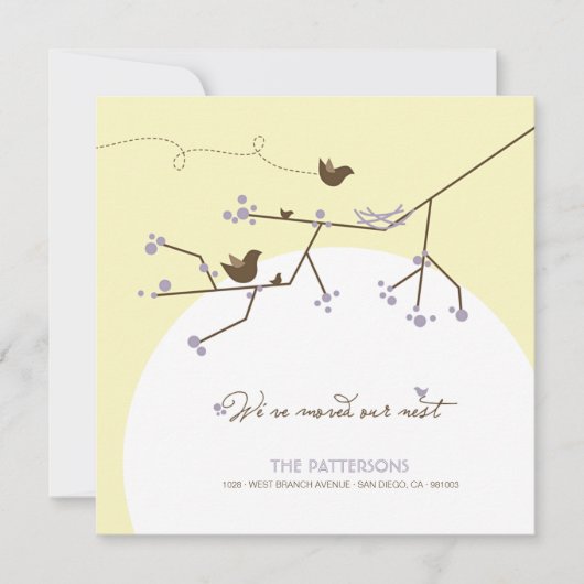 木の家移動の紫色の鳥家族の新しい巣 案内状 (正面)