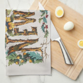 木の幹やどんぐりや花が咲き乱れる新年 キッチンタオル (四つ折り)