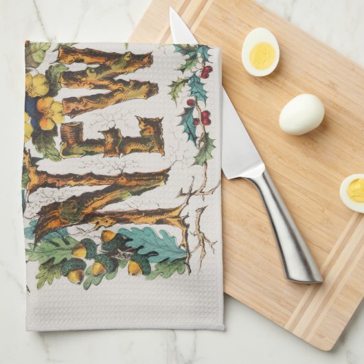 木の幹やどんぐりや花が咲き乱れる新年 キッチンタオル (四つ折り)