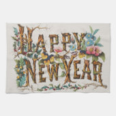 木の幹やどんぐりや花が咲き乱れる新年 キッチンタオル (横)