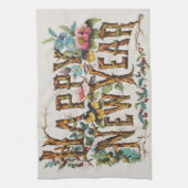 木の幹やどんぐりや花が咲き乱れる新年 キッチンタオル (縦)