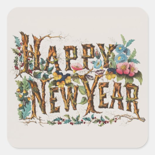 木の幹やどんぐりや花が咲き乱れる新年 スクエアシール (正面)