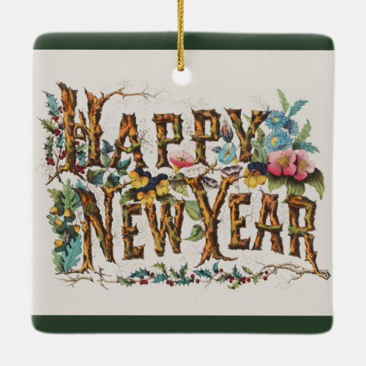 木の幹やどんぐりや花が咲き乱れる新年 セラミックオーナメント (裏面)