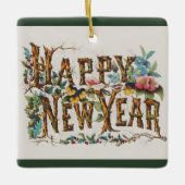 木の幹やどんぐりや花が咲き乱れる新年 セラミックオーナメント (正面)