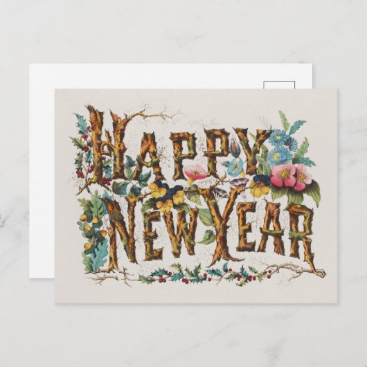 木の幹やどんぐりや花が咲き乱れる新年 ポストカード (正面/裏面)