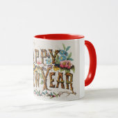 木の幹やどんぐりや花が咲き乱れる新年 マグカップ (正面右)