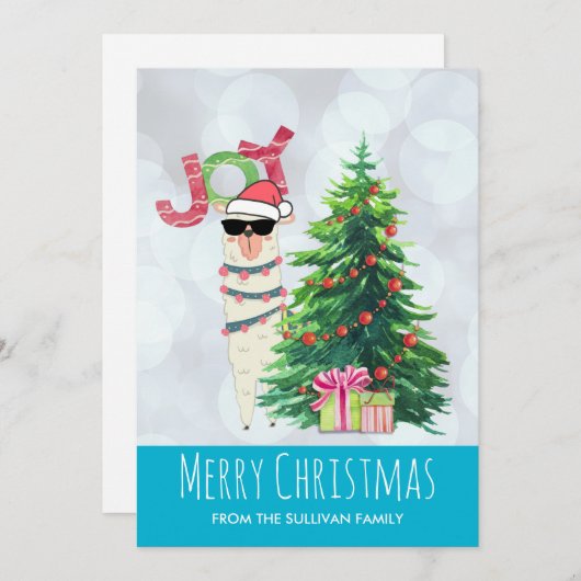 木の後ろの喜びのタイポグラフィ|のクリスマスのラマ シーズンカード (正面/裏面)