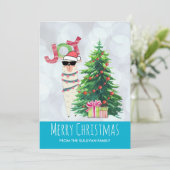 木の後ろの喜びのタイポグラフィ|のクリスマスのラマ シーズンカード (スタンド正面)