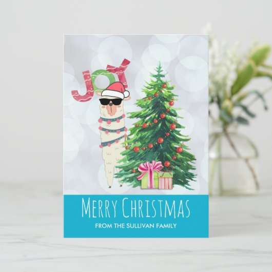 木の後ろの喜びのタイポグラフィ|のクリスマスのラマ シーズンカード (スタンド正面)