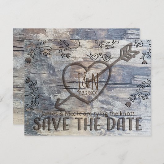 木の愛の鳥に彫られたハート日付以外 案内ポストカード (正面/裏面)