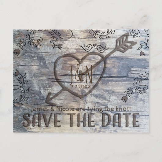 木の愛の鳥に彫られたハート日付以外 案内ポストカード (正面)