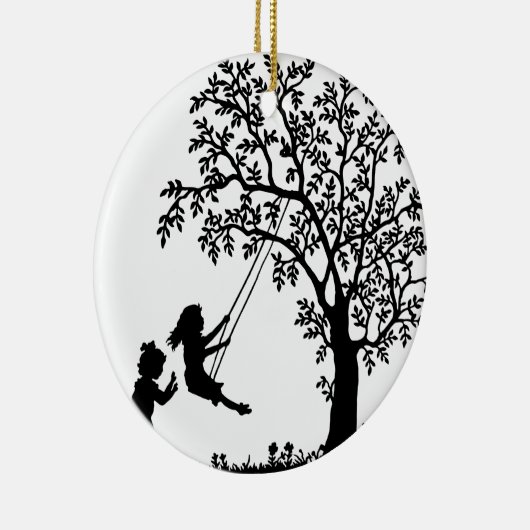木の振動で振れていたり及び花を選んでいる3人の女の子 セラミックオーナメント (右)
