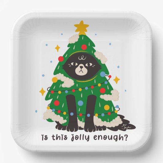 木の服を着た不機嫌な黒猫 ペーパープレート (正面)