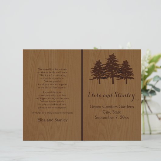 木の木の茶色のウッドランドの結婚式プログラム (スタンド正面)