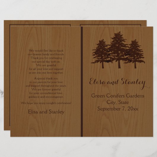 木の木の茶色のウッドランドの結婚式プログラム (正面/裏面)