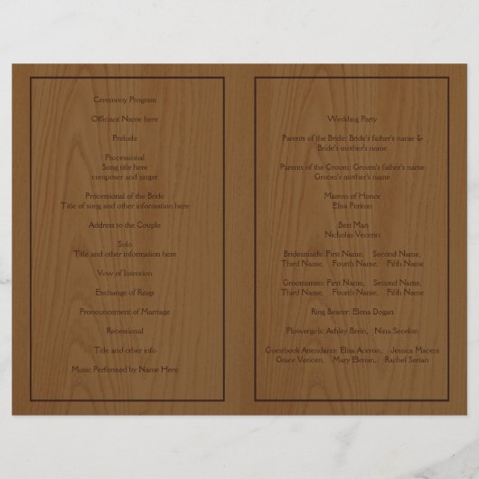 木の木の茶色のウッドランドの結婚式プログラム (裏面)