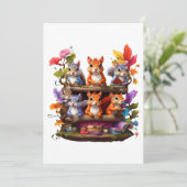 木の本棚の上のリスたち 招待状 (スタンド正面)