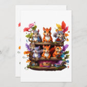 木の本棚の上のリスたち 招待状 (正面/裏面)