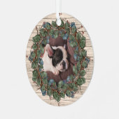 木の板に飾られたペットの写真のリース メタルオーナメント (正面左)