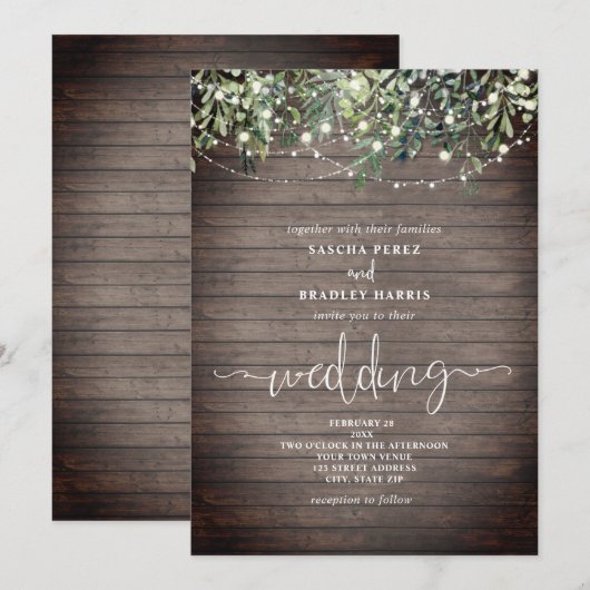 木の板のグリーンとストリングライトの結婚式 招待状 (正面/裏面)