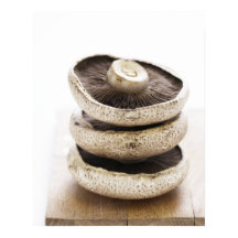 木の板の上に平らなキノコが三つ積んである。