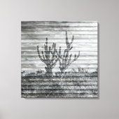 木の板の上のサボテンの植物 黒と白の写真 キャンバスプリント (正面)