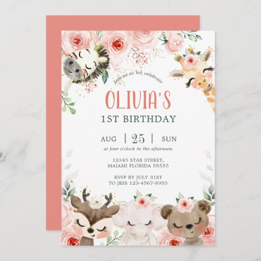 木の林の友人ピンクのフローラ 招待状 (正面/裏面)