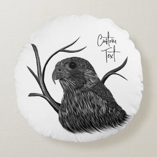 木の枝にいるペレグリンファルコンと手書き ラウンドクッション (正面)