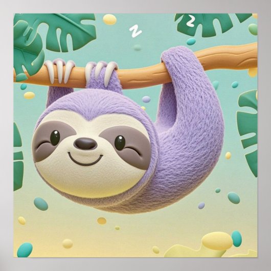 木の枝にぶら下がる漫画のナマケモノ ポスター (正面)