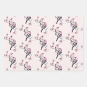 木の枝にピンクと黒の鳥のパターン –  ラッピングペーパーシート (正面3)