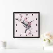 木の枝にピンクと黒の鳥 スクエア壁時計 (ホーム)