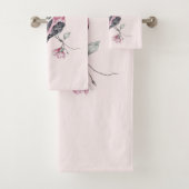 木の枝にピンクと黒の鳥 バスタオルセット (インサイチュ)