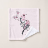 木の枝にピンクと黒の鳥 バスタオルセット (ウォッシュタオル)