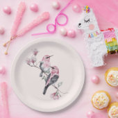 木の枝にピンクと黒の鳥 ペーパープレート (パーティー)