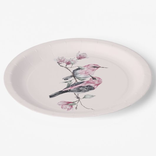 木の枝にピンクと黒の鳥 ペーパープレート (アングル)