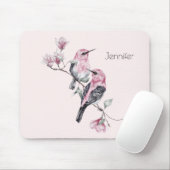木の枝にピンクと黒の鳥 マウスパッド (マウス)