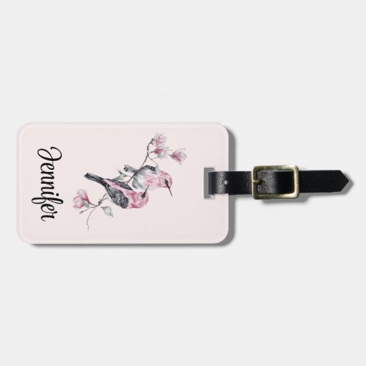 木の枝にピンクと黒の鳥 ラゲッジタグ (正面横)