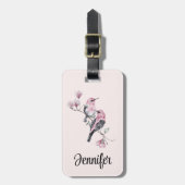 木の枝にピンクと黒の鳥 ラゲッジタグ (正面縦)