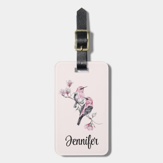 木の枝にピンクと黒の鳥 ラゲッジタグ (正面縦)