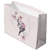 木の枝にピンクと黒の鳥 ラージペーパーバッグ (裏面アングル)